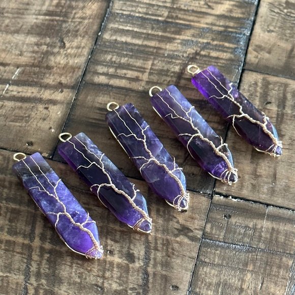 Natural Amethyst Lightning Bolt Pendant - Wire Wrapped - Picture 1 of 8